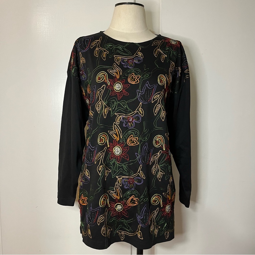 Vintage 90s Cedars Rainbow Floral Embroidered and Beaded Long Sleeve Top